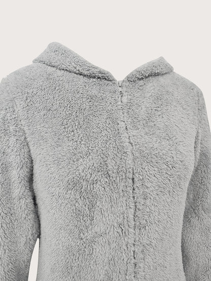 Fuzzy Zip-Up Hooded Jumpsuit – Women’s Warm Cozy One-Piece for Fall/Winter