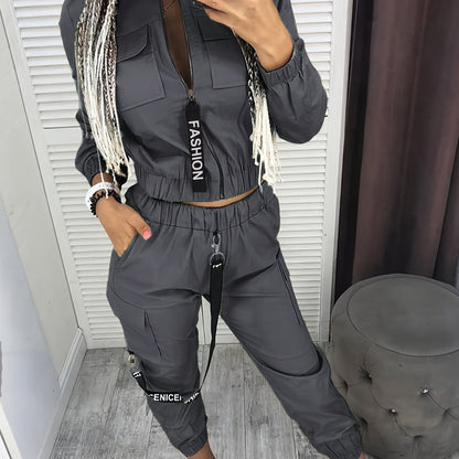 Directional Cargo Zip-Up Two-Piece Set – Women’s Casual Streetwear