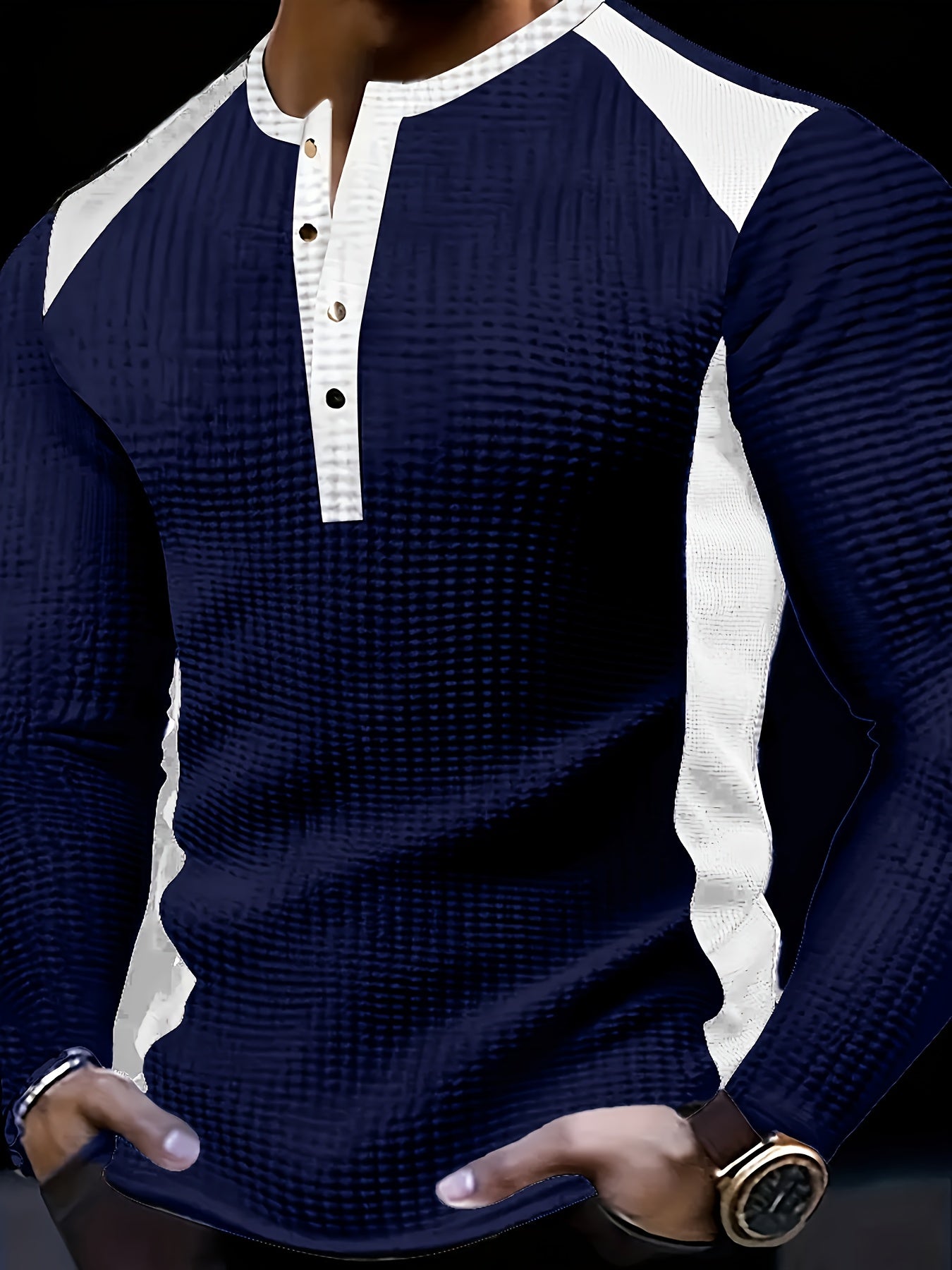 Men’s Waffle Henley Shirt – White & Black All-Season Button Top