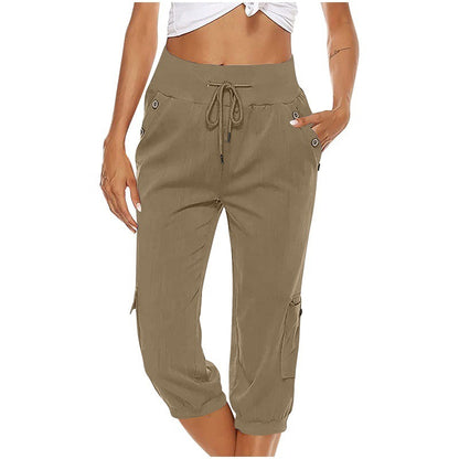 Loom & Soul™ Women’s Cropped Cargo Pants – Cotton Linen Blend with Pockets for Effortless Everyday Style