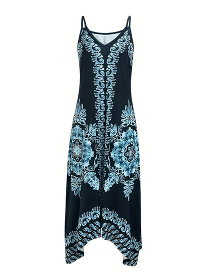 Bohemian Floral Maxi Dress – V-Neck Spaghetti Strap Summer Dress