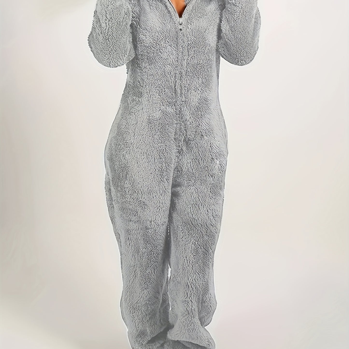 Fuzzy Zip-Up Hooded Jumpsuit – Women’s Warm Cozy One-Piece for Fall/Winter