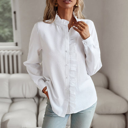 Loom & Soul™ Striped Ruffle Button-Up Blouse – Elegant Long-Sleeve Office & Casual Shirt for Women