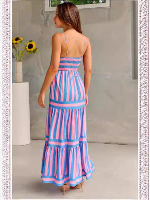 Loom & Soul™ Striped Maxi Sundress – Women’s Backless Square Neck Beach Vacation Dress with Pockets