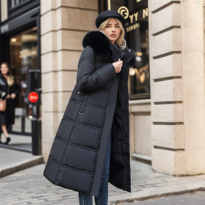 Manteau Long d'Hiver Slim Femme avec Capuche Fourrure & Ceinture – Coupe Chaude