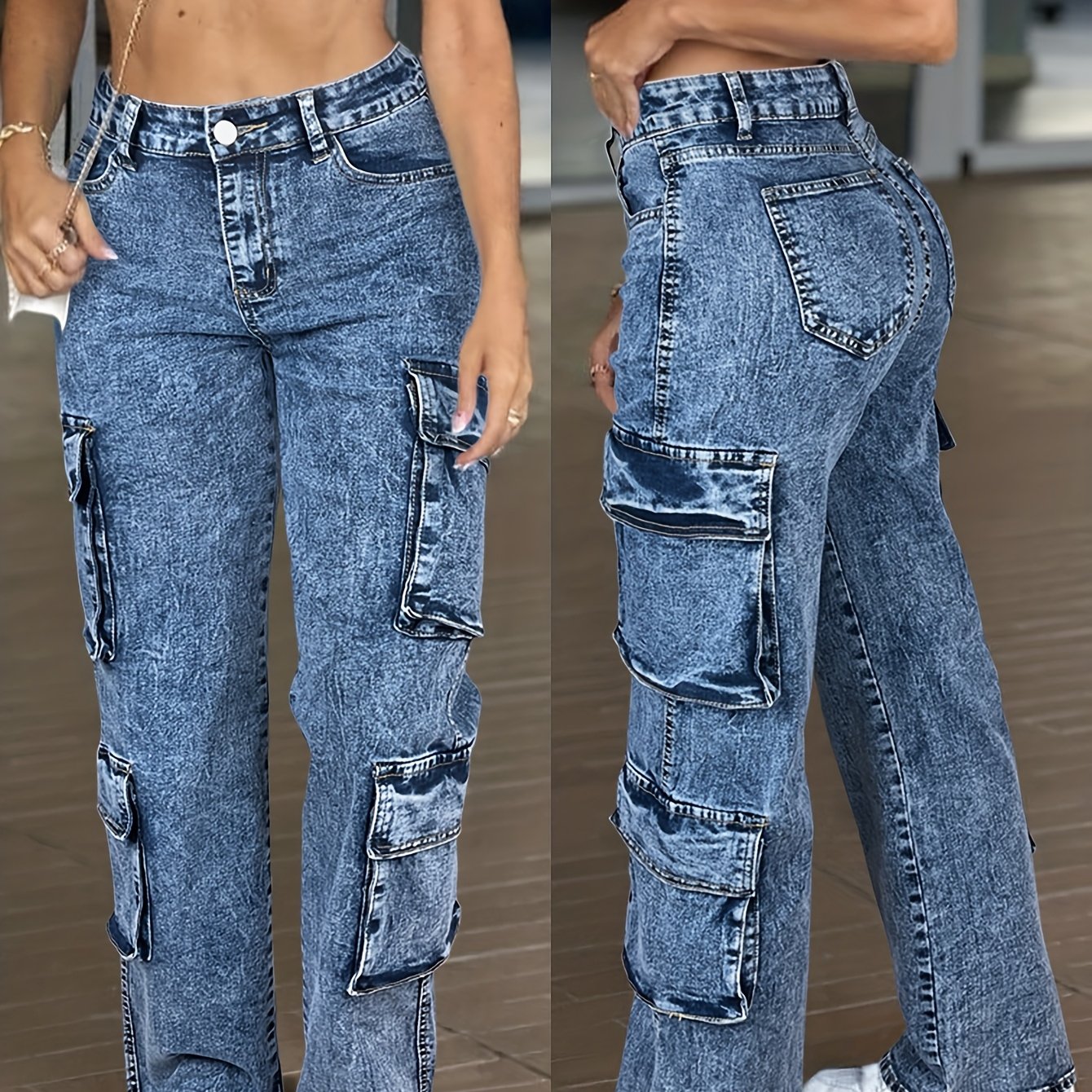 Vaqueros cargo de cintura alta para mujer – Pantalones de mezclilla de trabajo con múltiples bolsillos