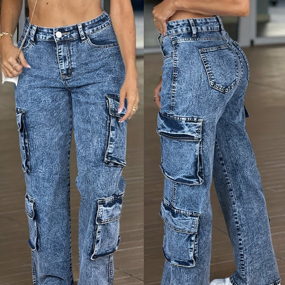 Vaqueros cargo de cintura alta para mujer – Pantalones de mezclilla de trabajo con múltiples bolsillos