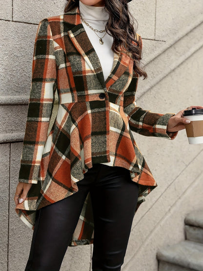 Women’s Plaid Flare Jacket – Button-Up High-Low Lapel Fall/Winter Coat