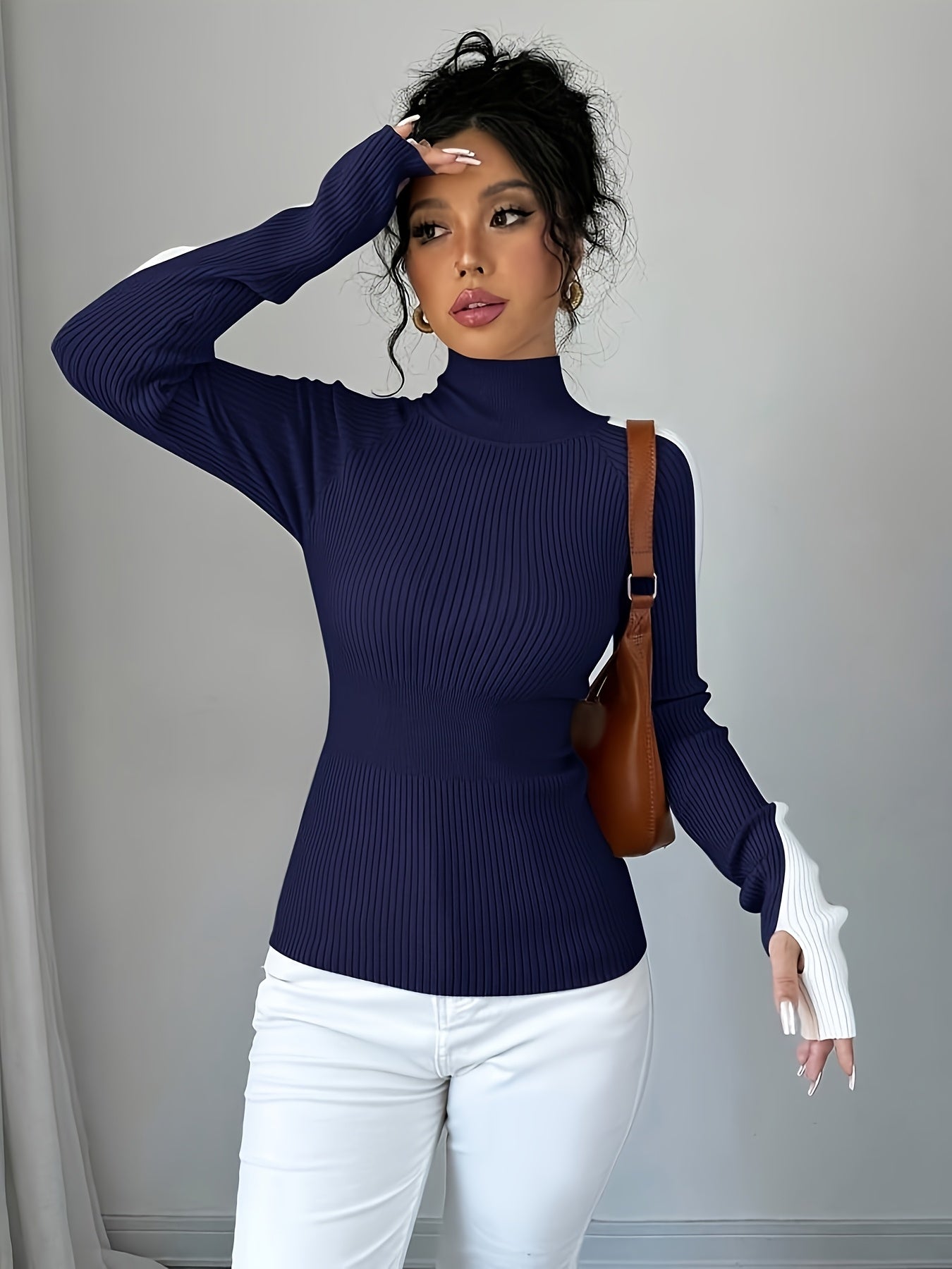 Suéter de cuello alto color block para mujer - Blusa elegante de punto suave