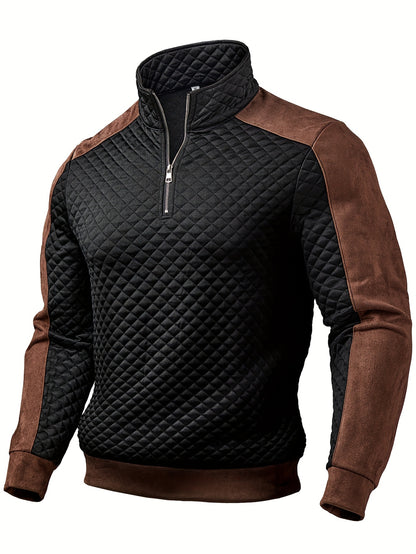 Henley zippé en maille diamant pour homme – Pull texturé color block