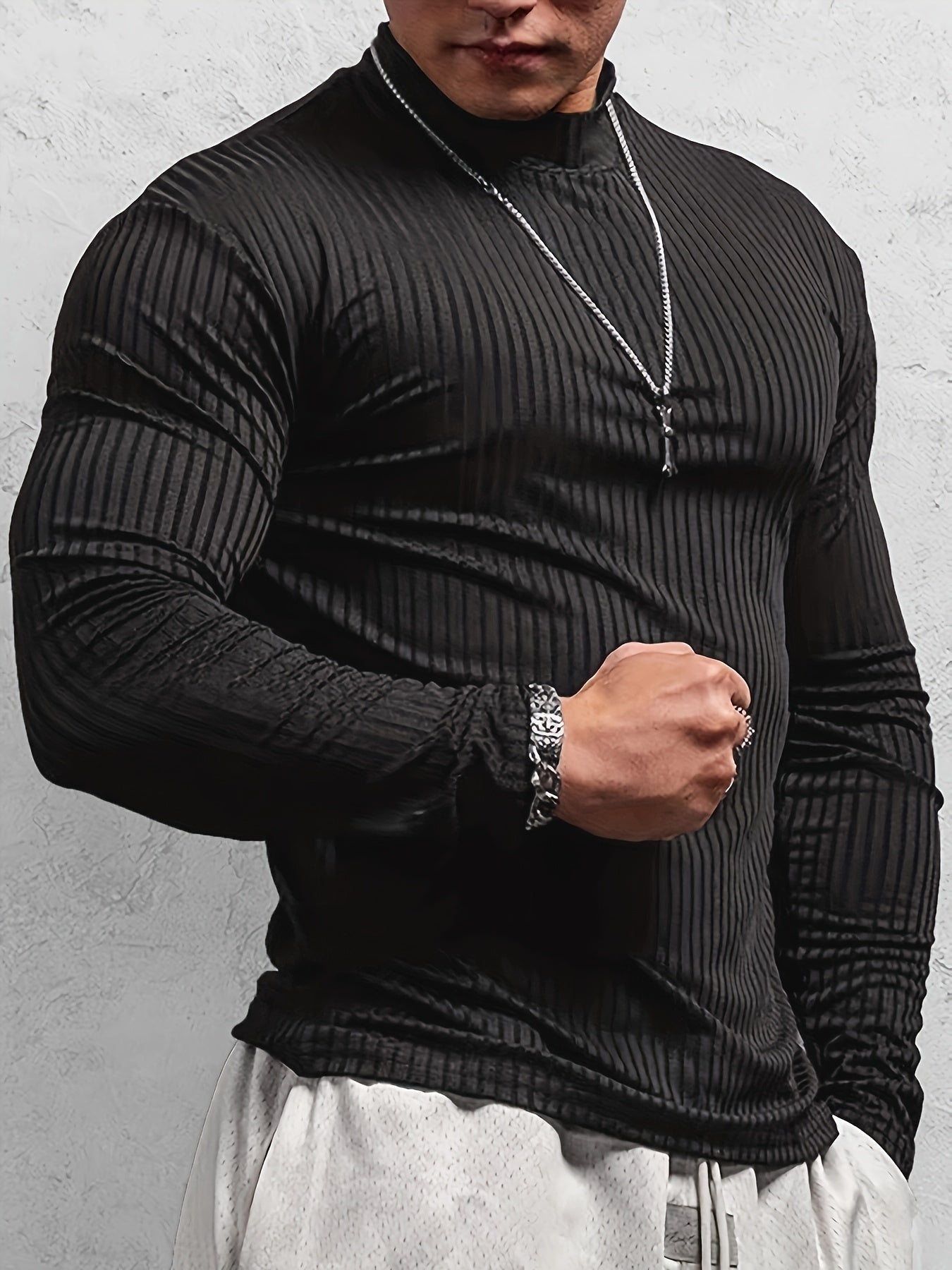 T-shirt côtelé ajusté à manches longues pour homme – Col montant athlétique