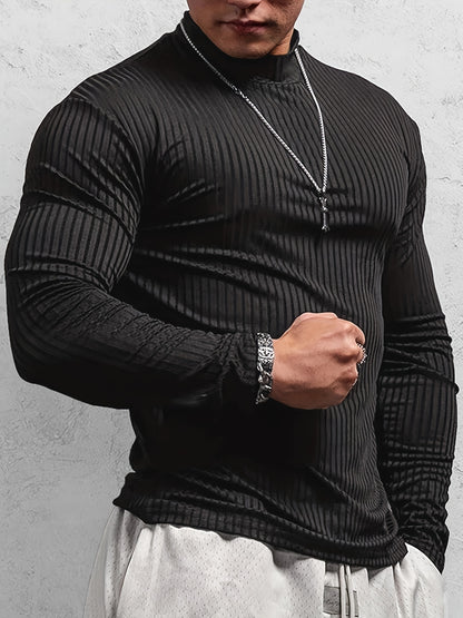 T-shirt côtelé ajusté à manches longues pour homme – Col montant athlétique