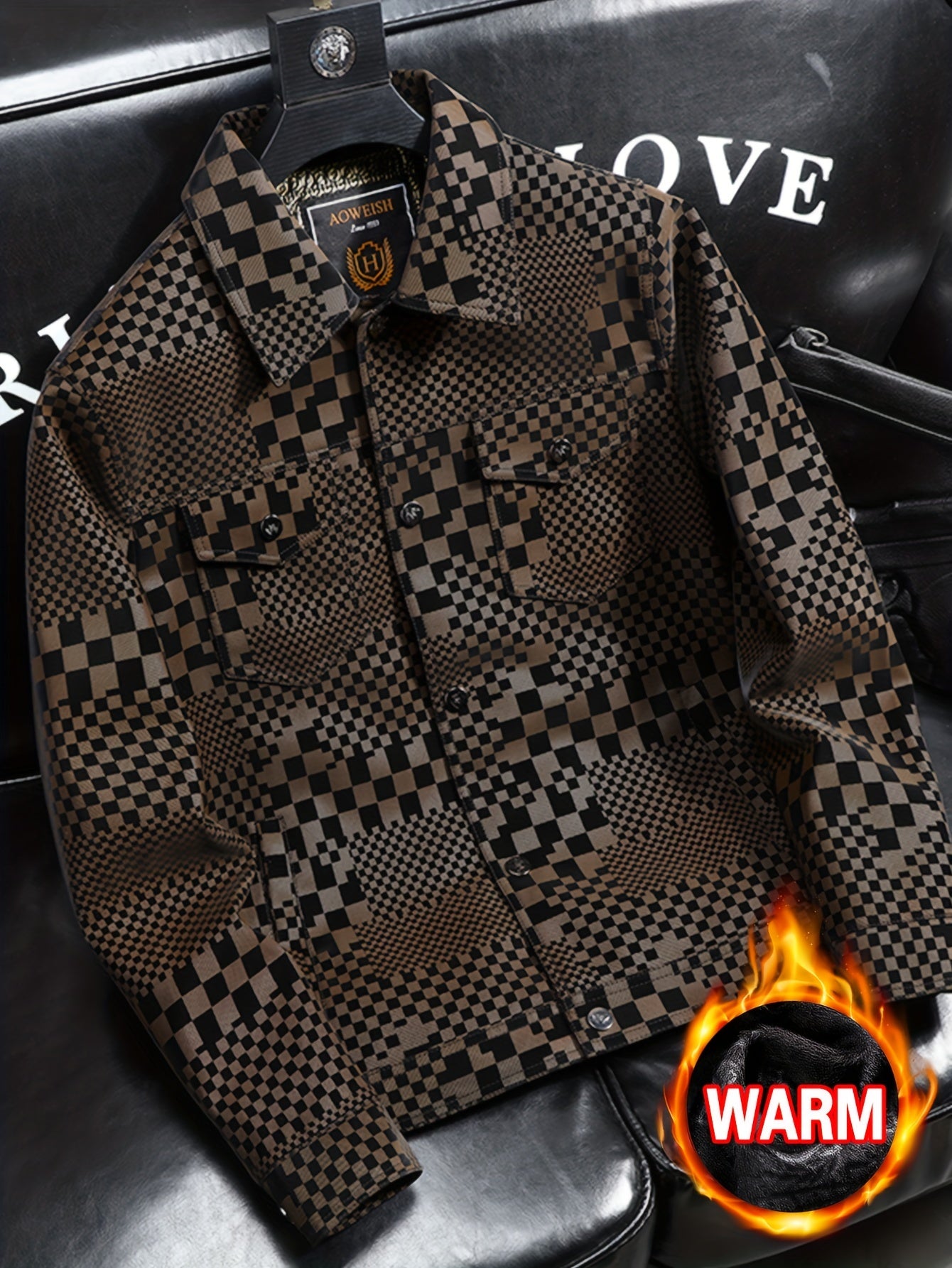 Men’s Checkered PU Coat – Black & Brown Houndstooth Street Jacket