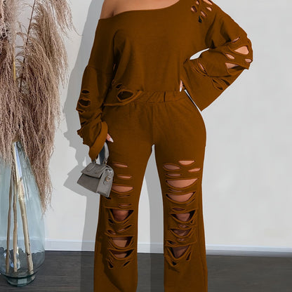 Women’s 2-Piece Off-Shoulder Distressed Set – Long Sleeve Top & Ripped Pants