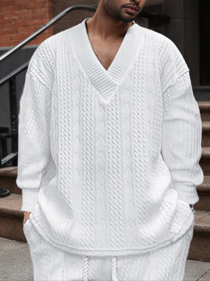 Pull décontracté pour homme en maille col V jacquard côtelé