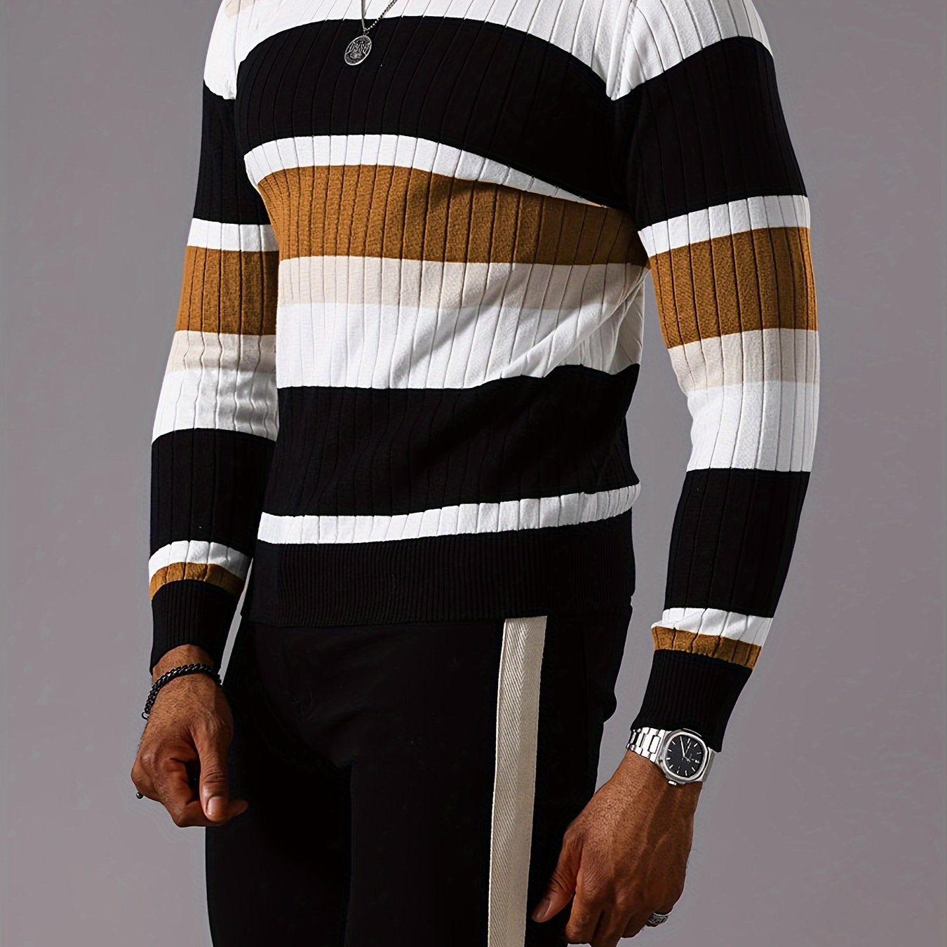 Men’s Striped Ribbed Knit Sweater – Color-Block Fall Winter Pullover