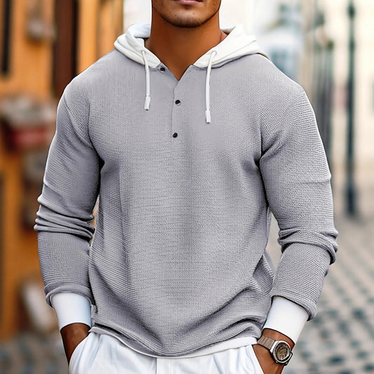 Sweat à capuche boutonné gaufré pour homme – Coupe slim à manches longues contrastantes