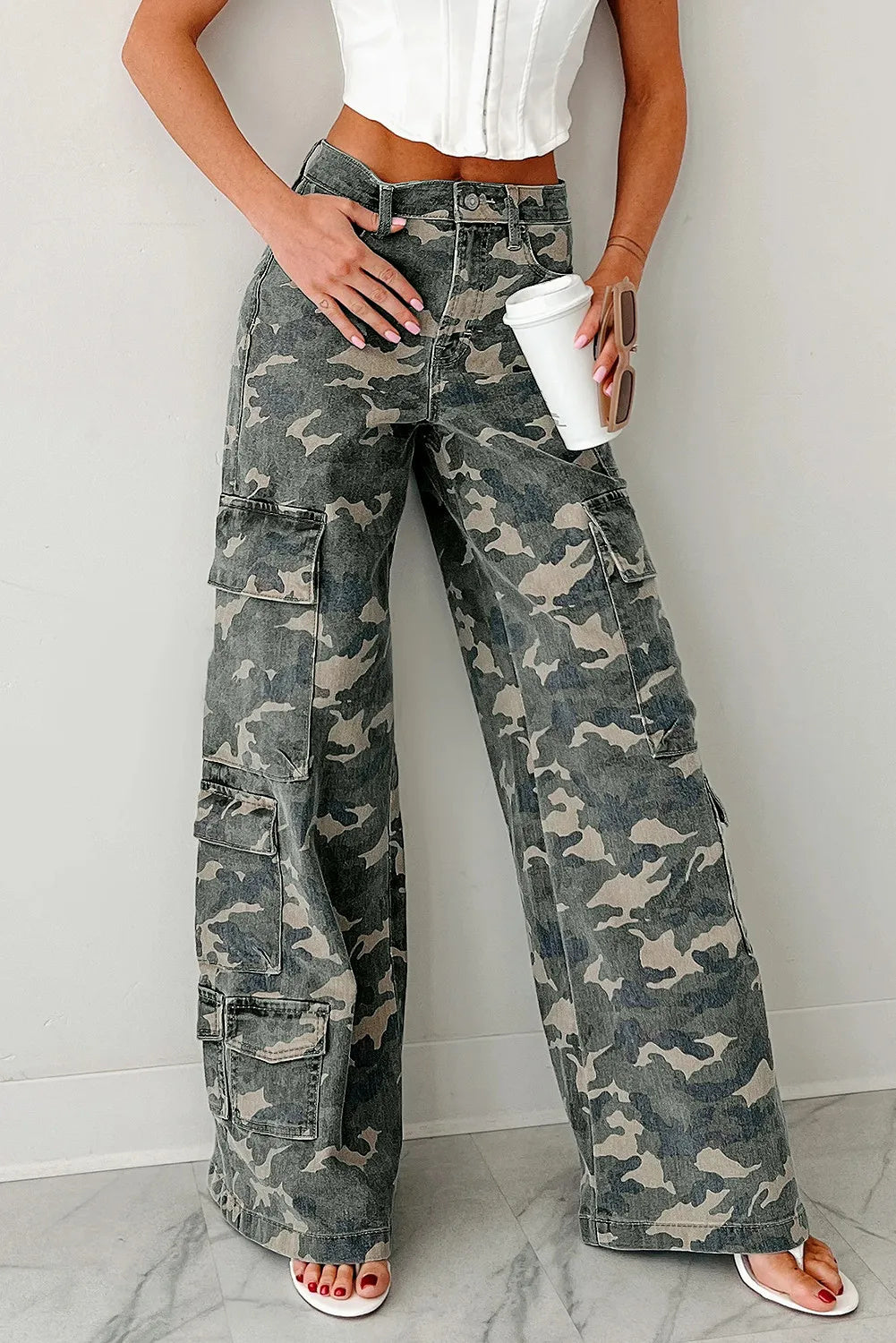 Pantalones cargo de mezclilla con estampado de camuflaje para mujer – Jeans utilitarios de pierna ancha