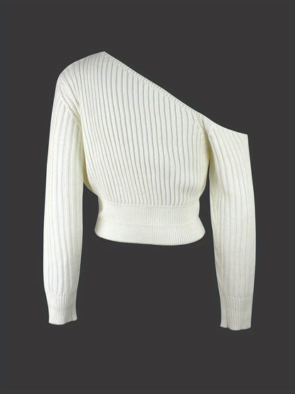 Off-Shoulder Ribbed Sweater – Cropped Long Sleeve Knit Top for Women