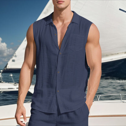 Men’s Linen Sleeveless Shirt – Open Lapel Summer Layer