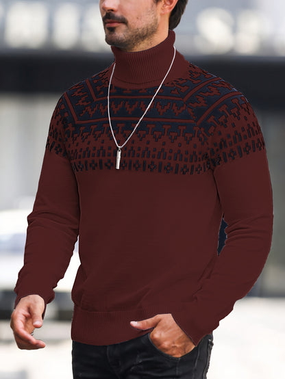 Suéter de cuello alto geométrico para hombre - Suéter informal de punto para otoño e invierno