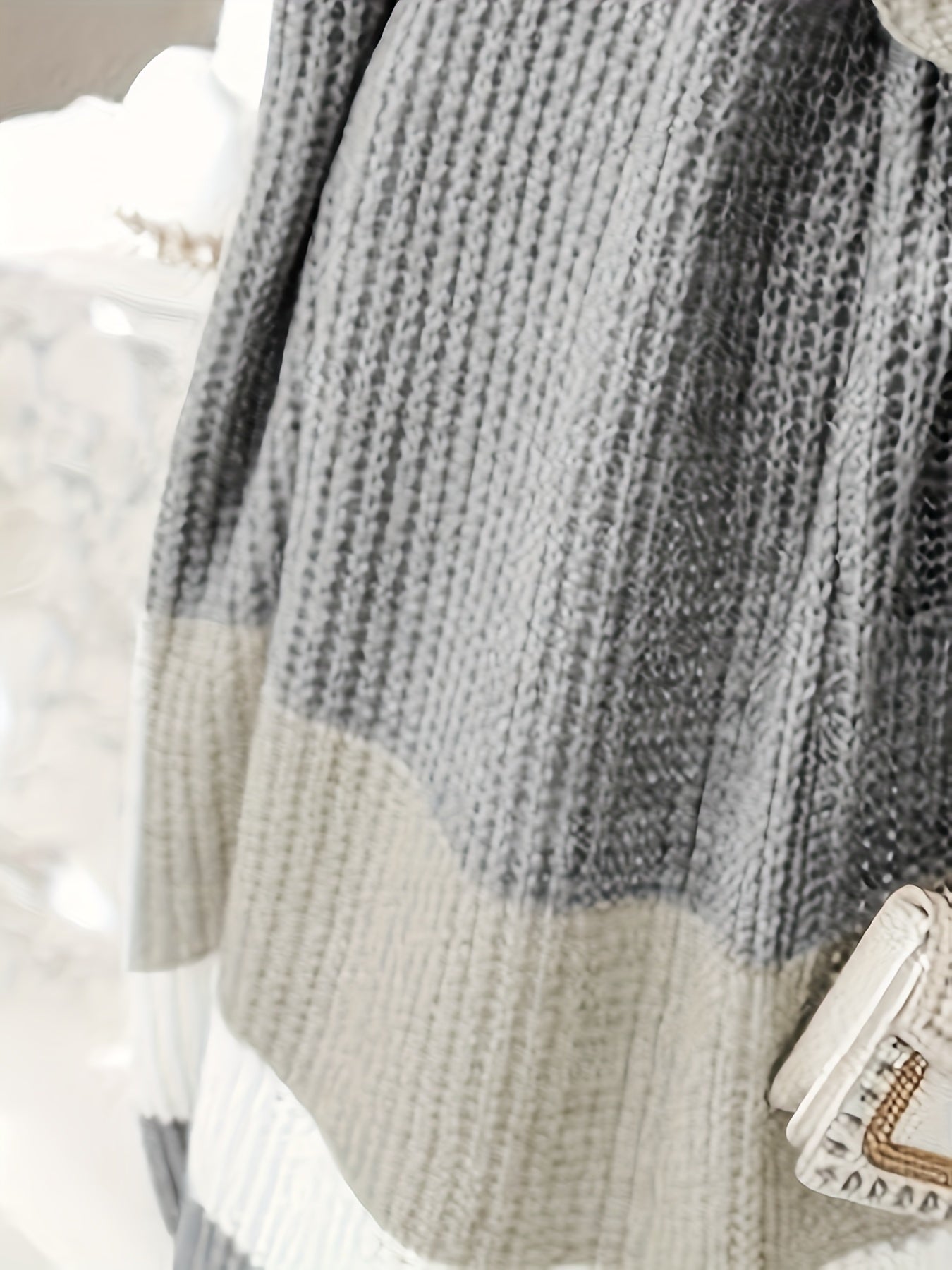 Women’s Cozy Color Block Cardigan – Belted Gray & White Knit