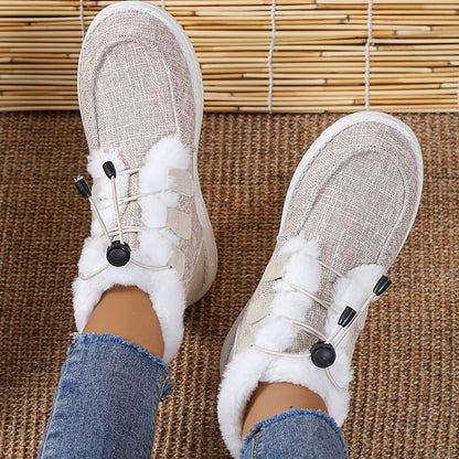 Women’s Faux Fur Slip-On Shoes – Cozy Winter Warm Beige Drawstring Loafers