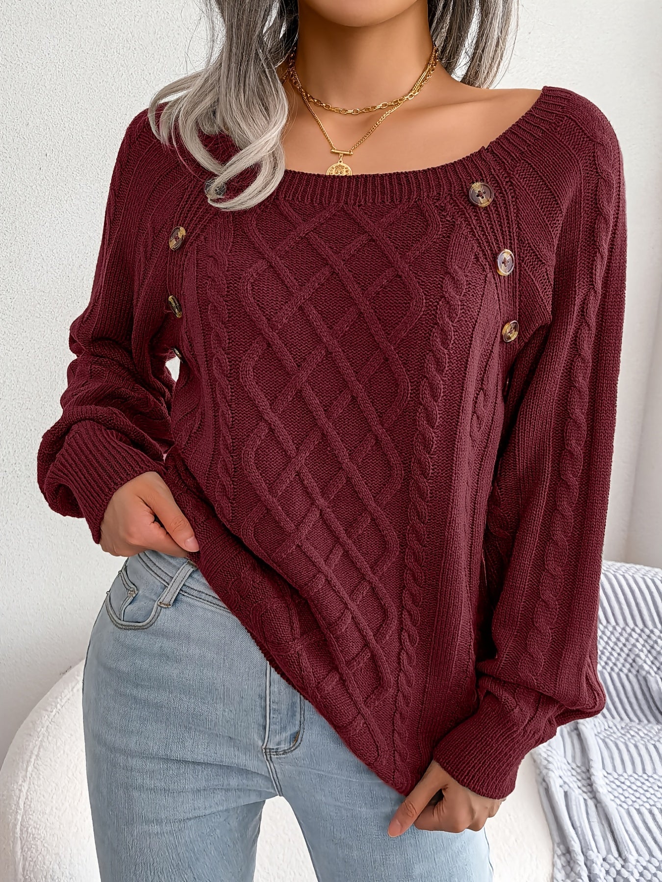 Women’s Textured Lantern Sleeve Sweater – Button Detail Knit Top