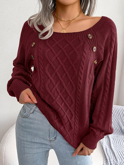 Women’s Textured Lantern Sleeve Sweater – Button Detail Knit Top
