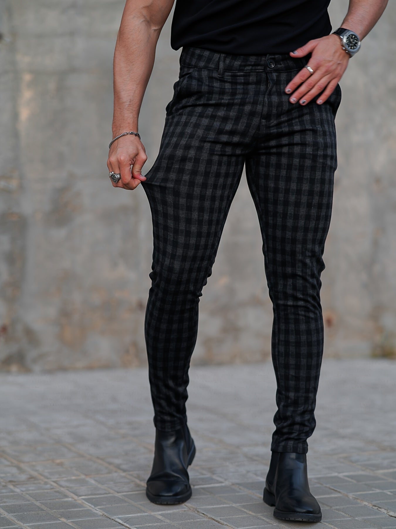 Men’s Slim-Fit Plaid Suit Pants – Tailored Stretch Dress Trousers