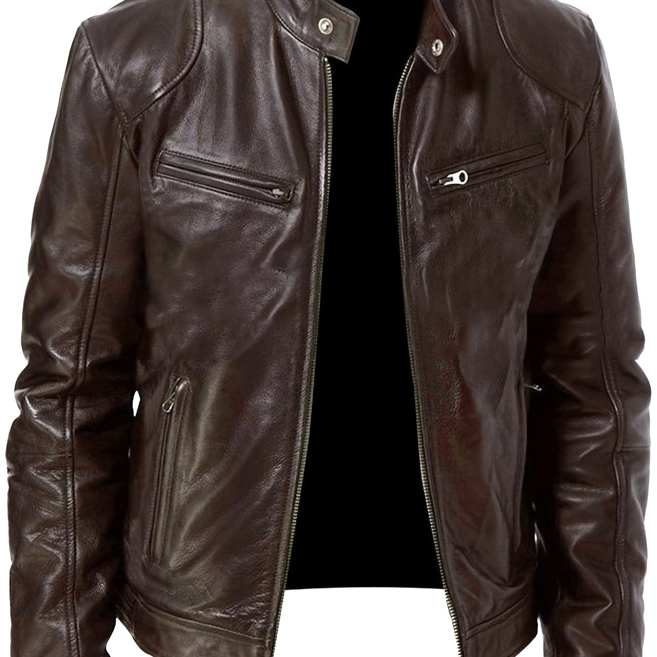 Men’s Full-Zip Motorcycle Jacket – Brown PU Leather Stand Collar Coat