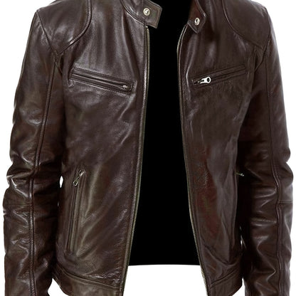Men’s Full-Zip Motorcycle Jacket – Brown PU Leather Stand Collar Coat