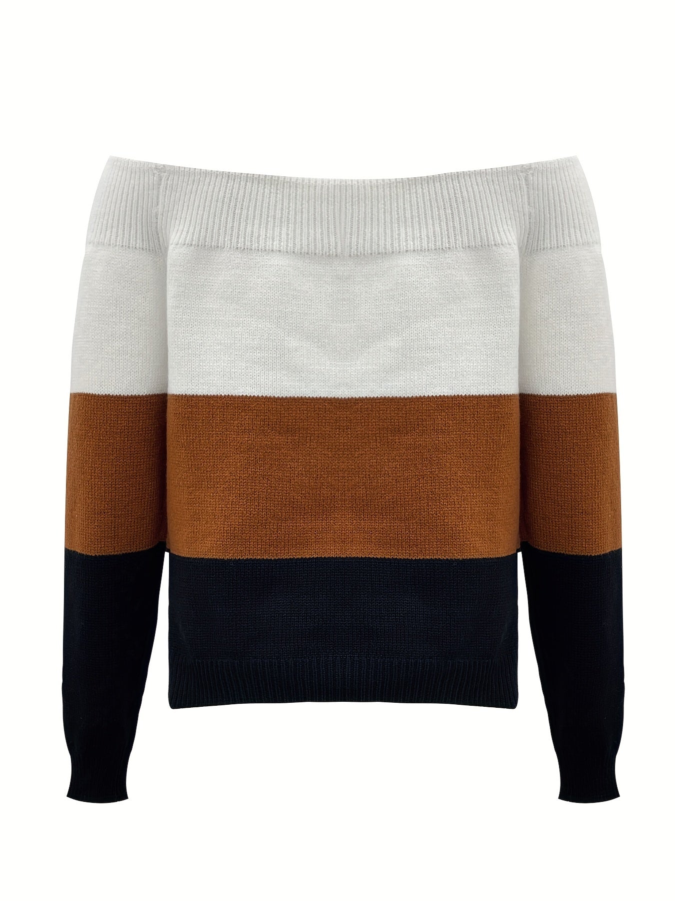 Women’s Off-Shoulder Color Block Sweater – Chic Fall Knit Pullover