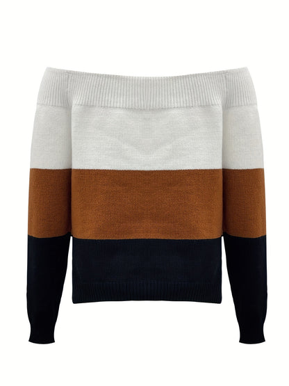 Women’s Off-Shoulder Color Block Sweater – Chic Fall Knit Pullover