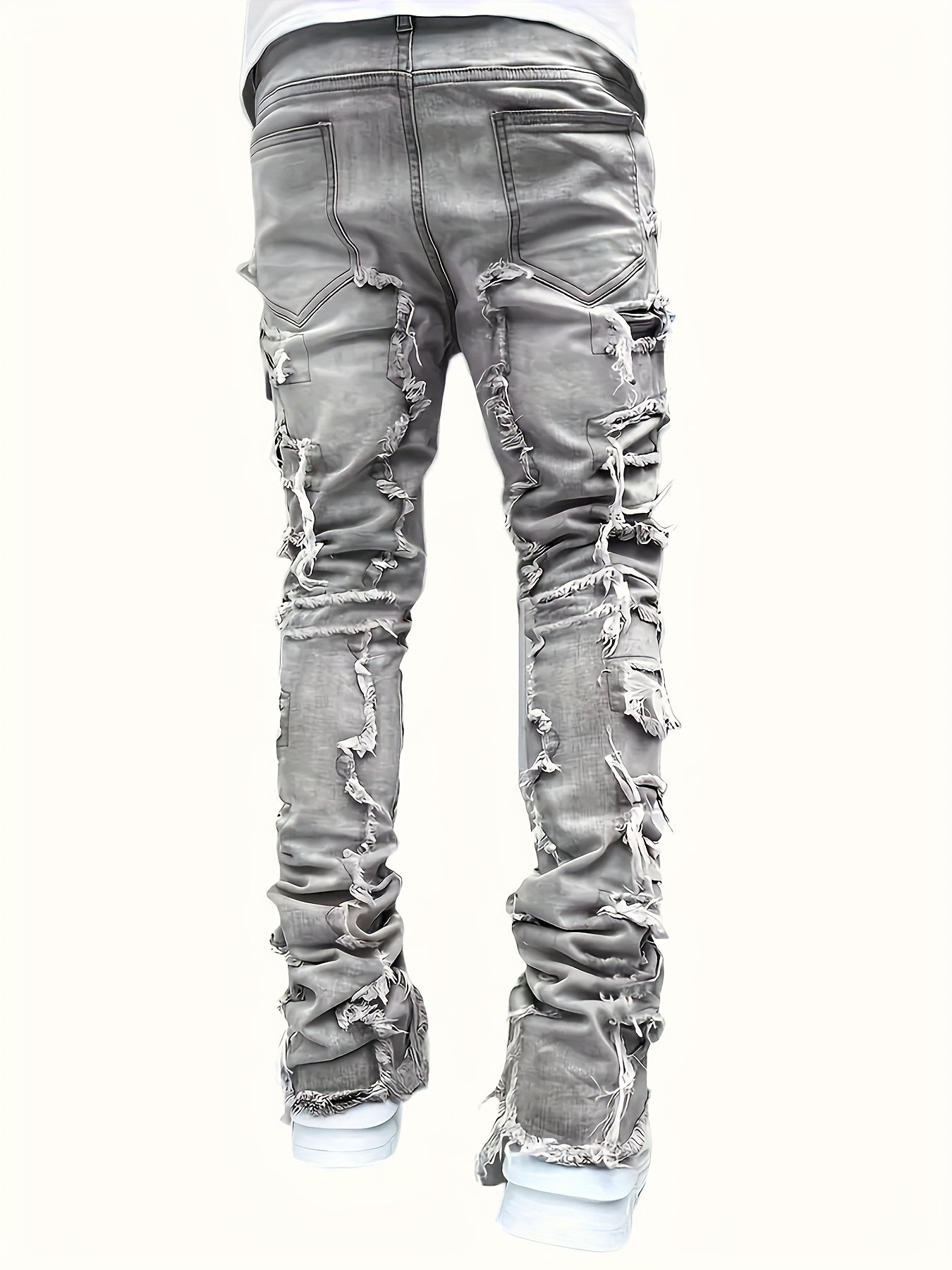 Men's Distressed Slim-Fit Jeans – Layered Rips & Patchwork Street Denim