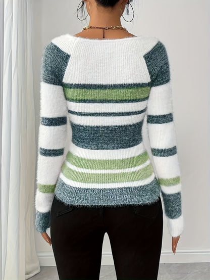 Women’s Plush Color-Block Sweater – Soft Fleece Pullover for Fall/Winter