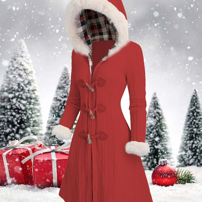 Women’s Y2K Plaid Hooded Coat – Red & White Patchwork Long Winter Jacket