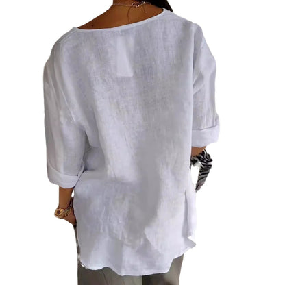 Loom & Soul™ Women’s V-Neck Cotton & Linen Button Top – Long-Sleeve Loose Pullover Blouse