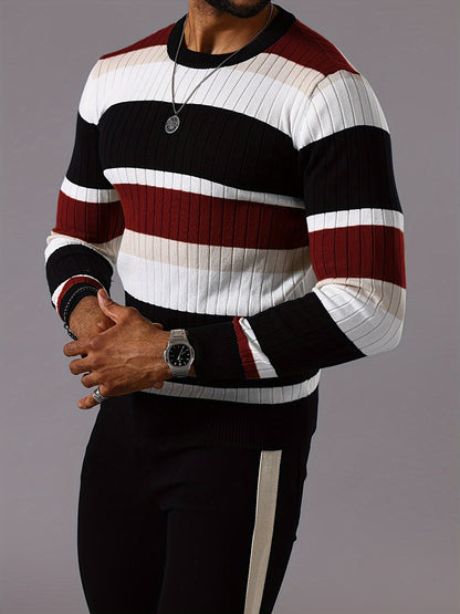 Men’s Striped Ribbed Knit Sweater – Color-Block Fall Winter Pullover