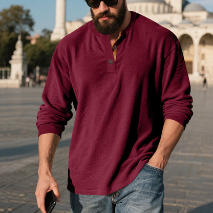 Chemise Henley côtelée rétro pour homme – Coupe ample à manches longues