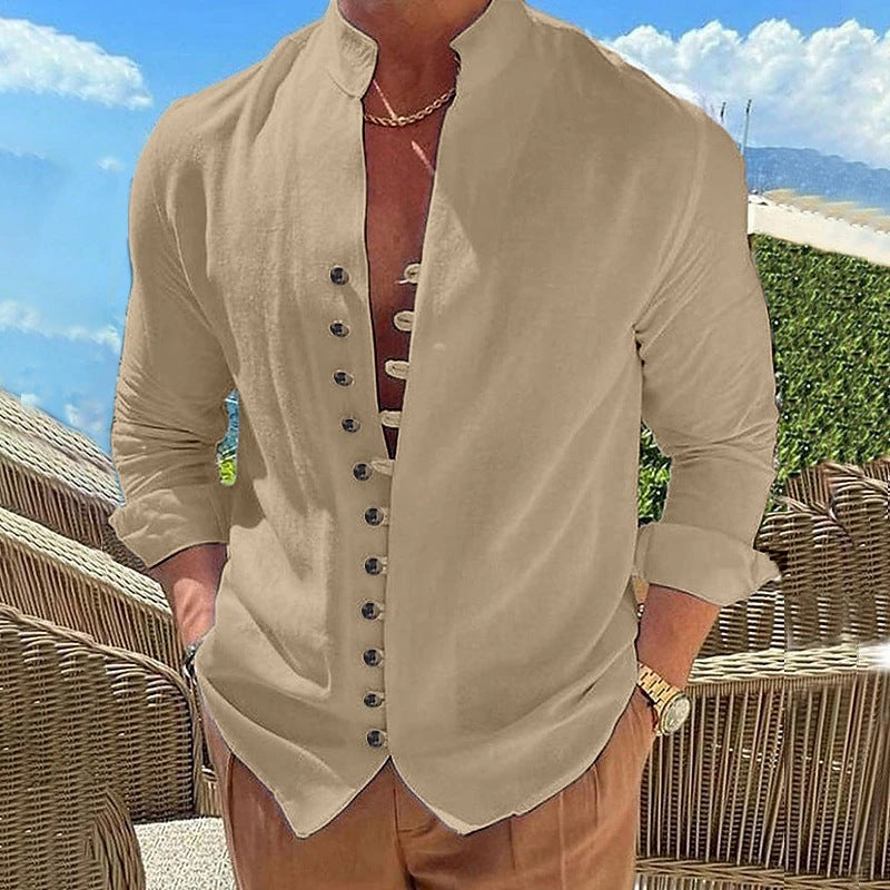 Chemise homme col mao en coton et lin – Cardigan décontracté coupe ample