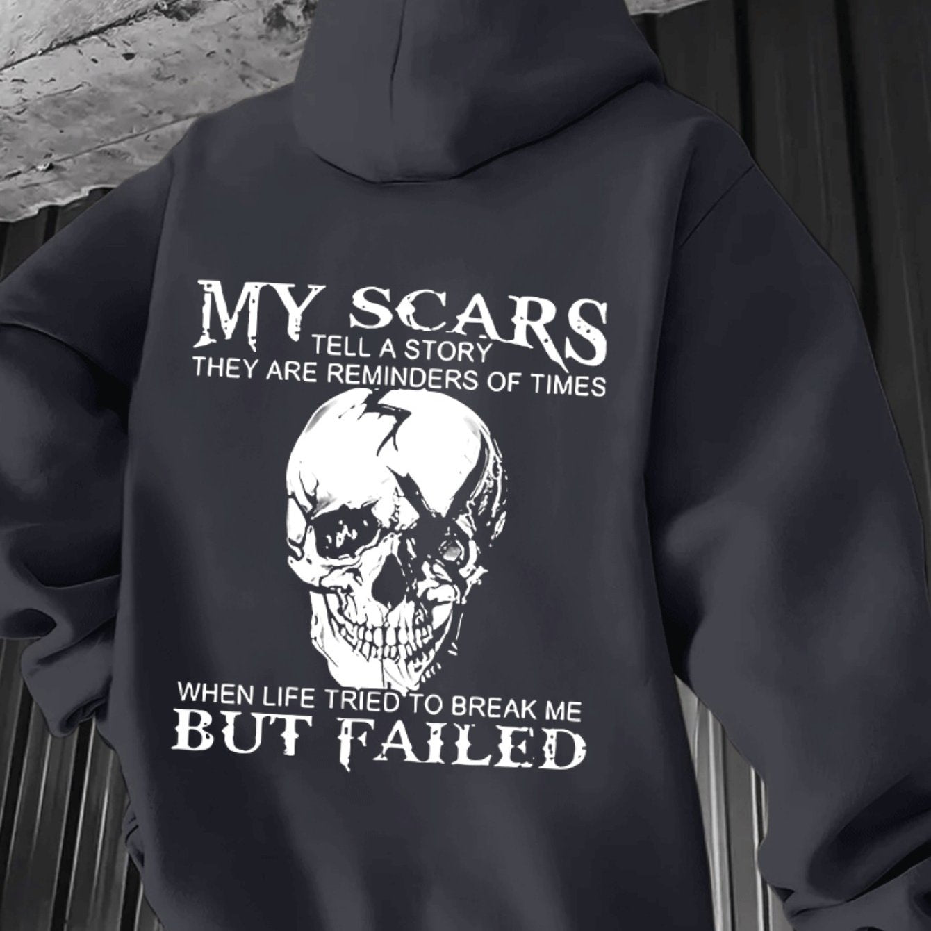 Men’s “My Scars Tell a Story” Hoodie – Skull Back Print Motivational Pullover