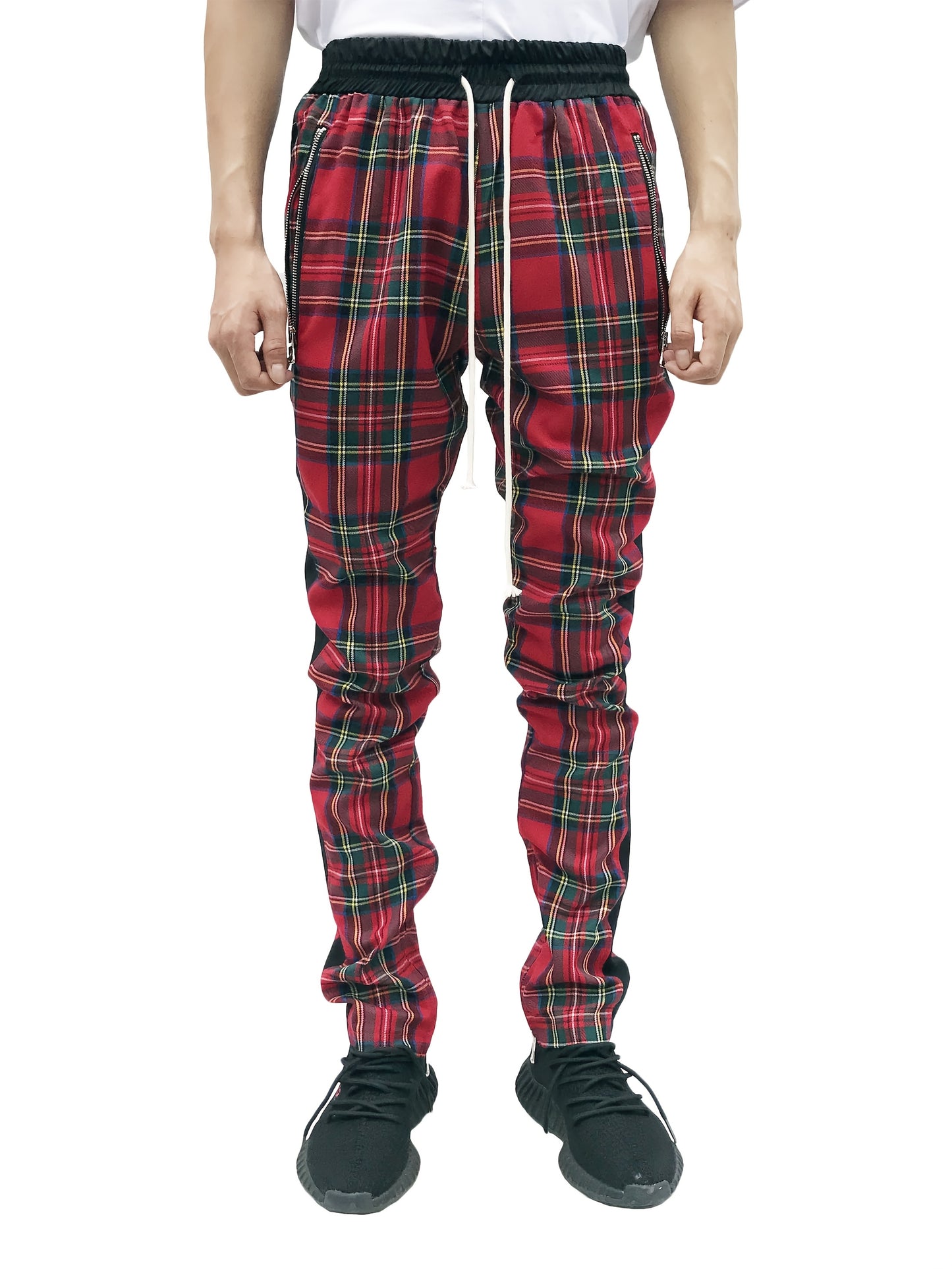 Men’s Red & Black Plaid Joggers – 3D Knit Streetwear Trousers