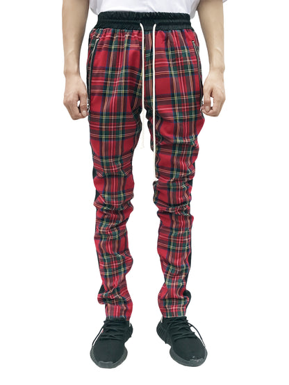 Men’s Red & Black Plaid Joggers – 3D Knit Streetwear Trousers