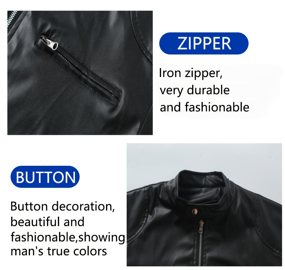 Men’s Full-Zip Motorcycle Jacket – Brown PU Leather Stand Collar Coat