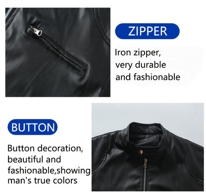 Men’s Full-Zip Motorcycle Jacket – Brown PU Leather Stand Collar Coat