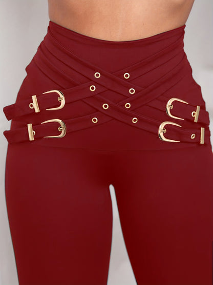 Women’s Cross Buckle High-Waist Pants – Stretch Fit Sculpting Leggings