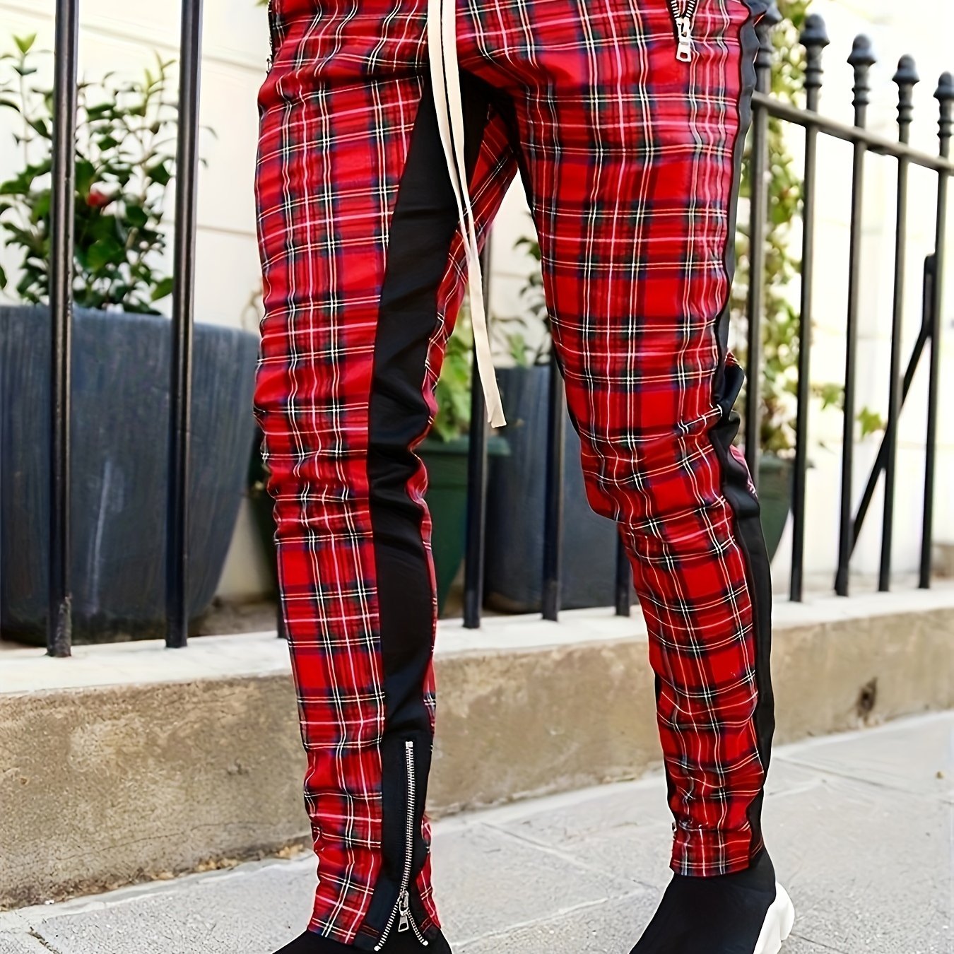 Men’s Red & Black Plaid Joggers – 3D Knit Streetwear Trousers
