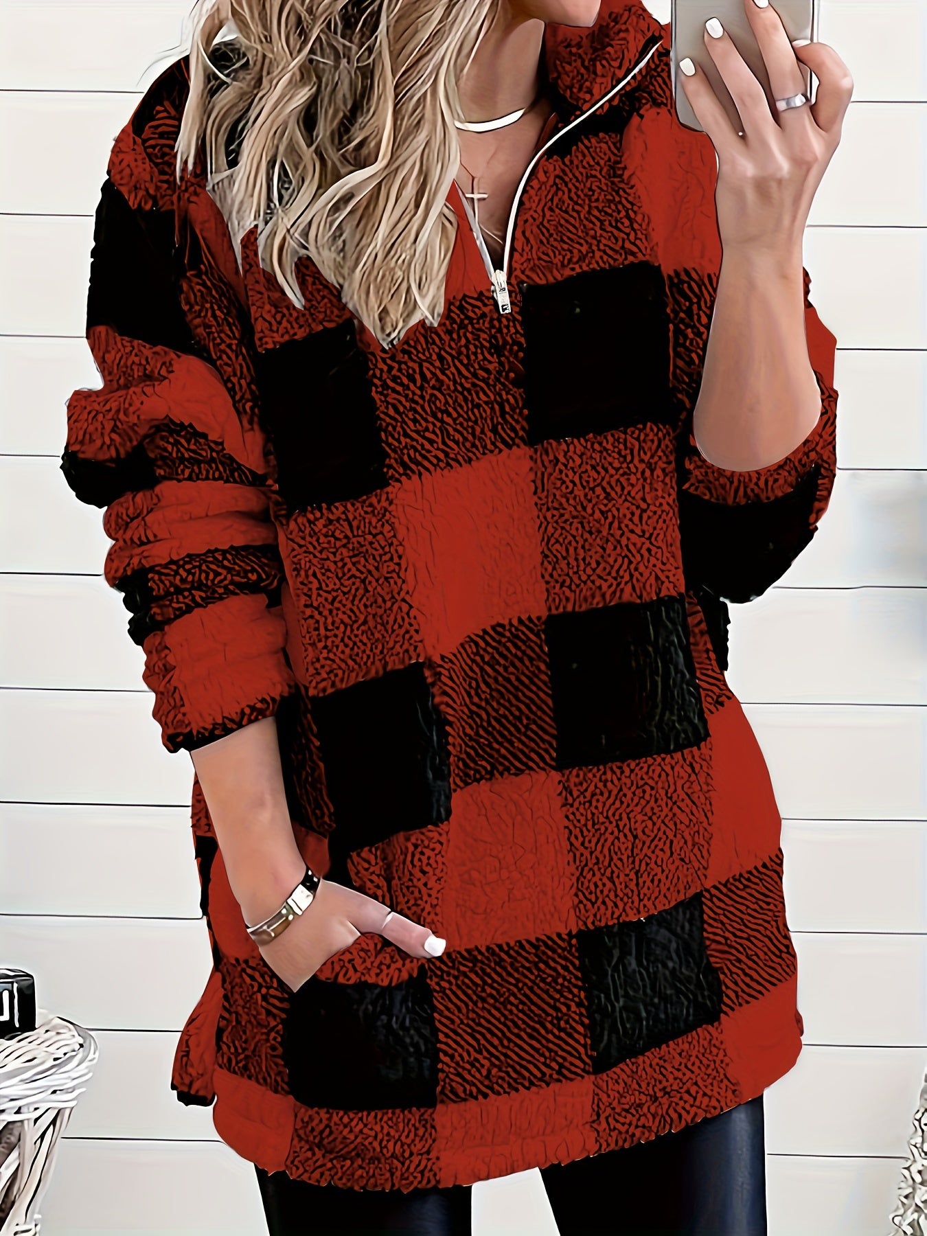 Women’s Plaid Fuzzy High-Neck Sweater – Soft Zipper Knit Pullover