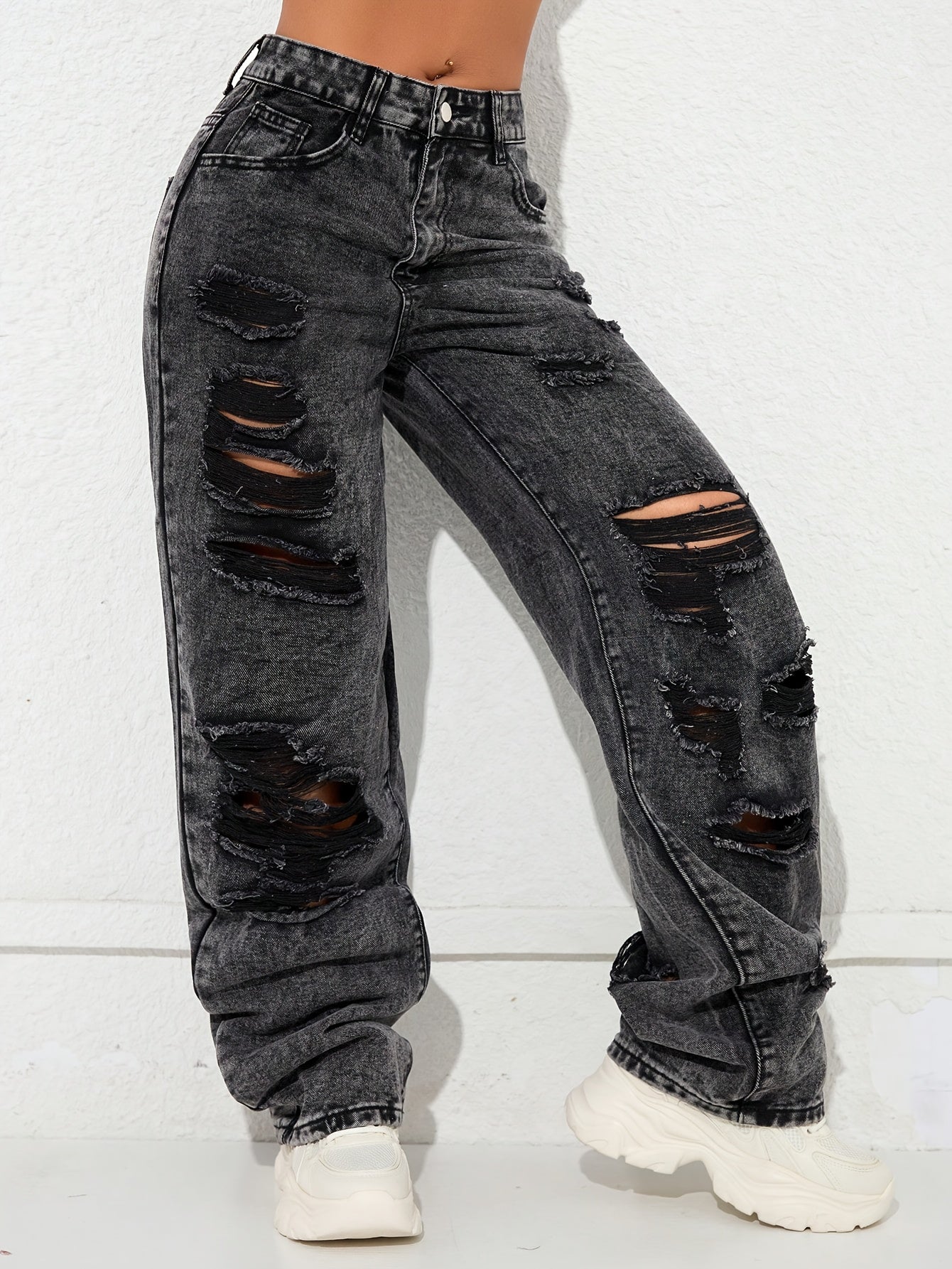 Vaqueros anchos vintage desgastados – Denim clásico lavado azul estilo urbano